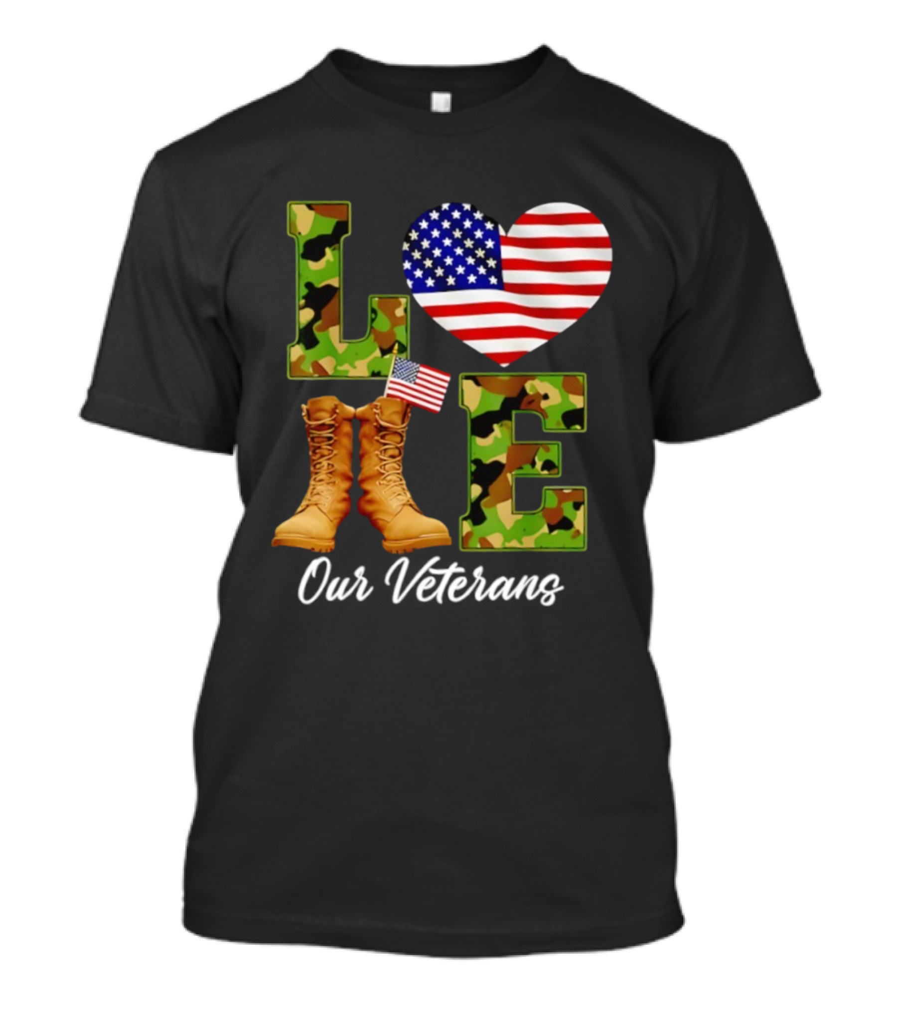Love Veterans Day American Flag Military Camouflage Boots T-Shirt