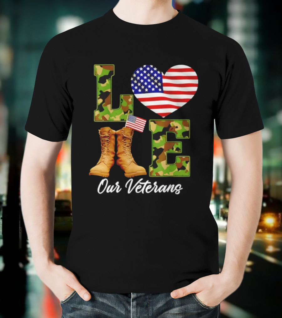 Love Veterans Day American Flag Military Camouflage Boots T-Shirt