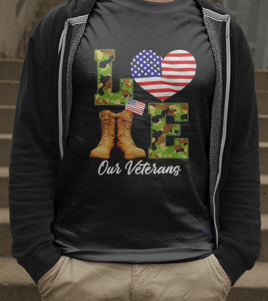Love Veterans Day American Flag Military Camouflage Boots T-Shirt