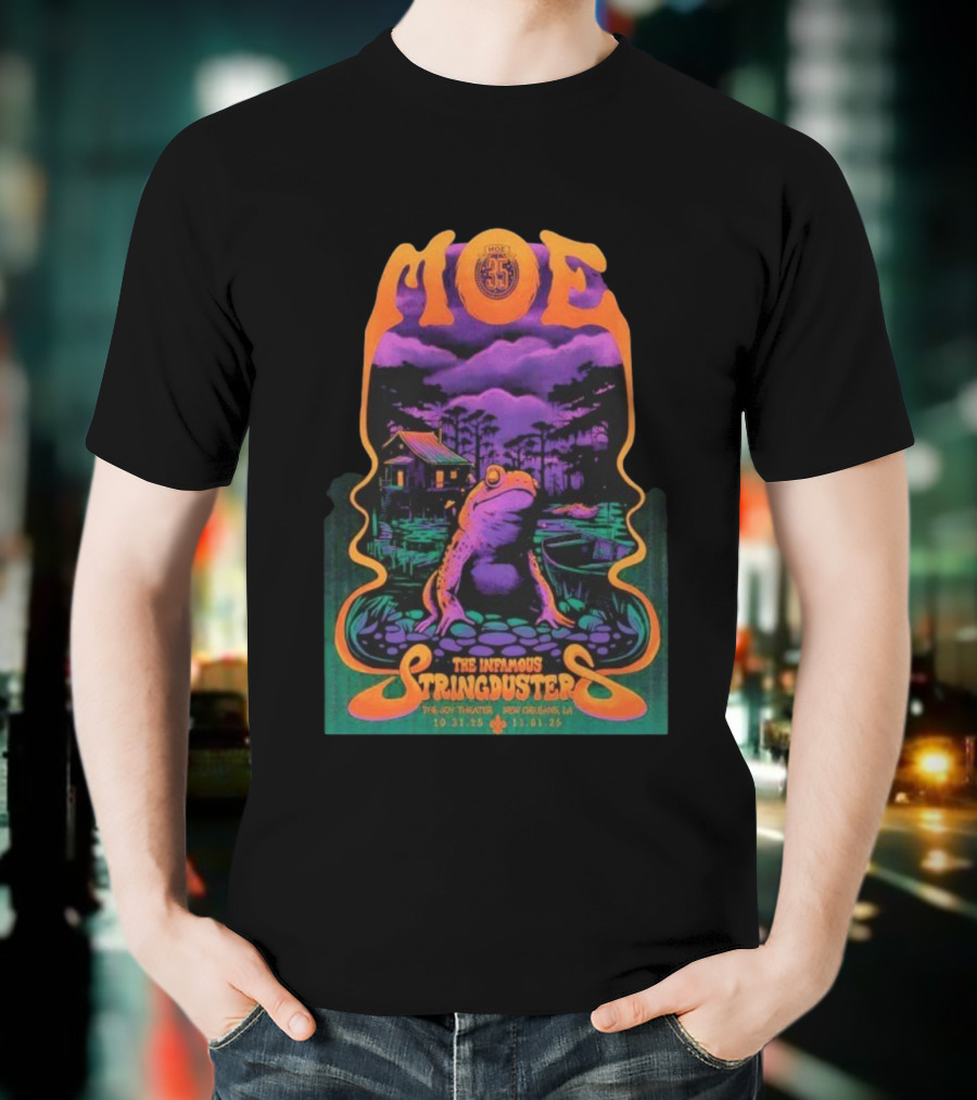 Moe. The Infamous Stringduster Halloween 2025 New Orleans Joy Theater Frog Swamp Scene T-Shirt