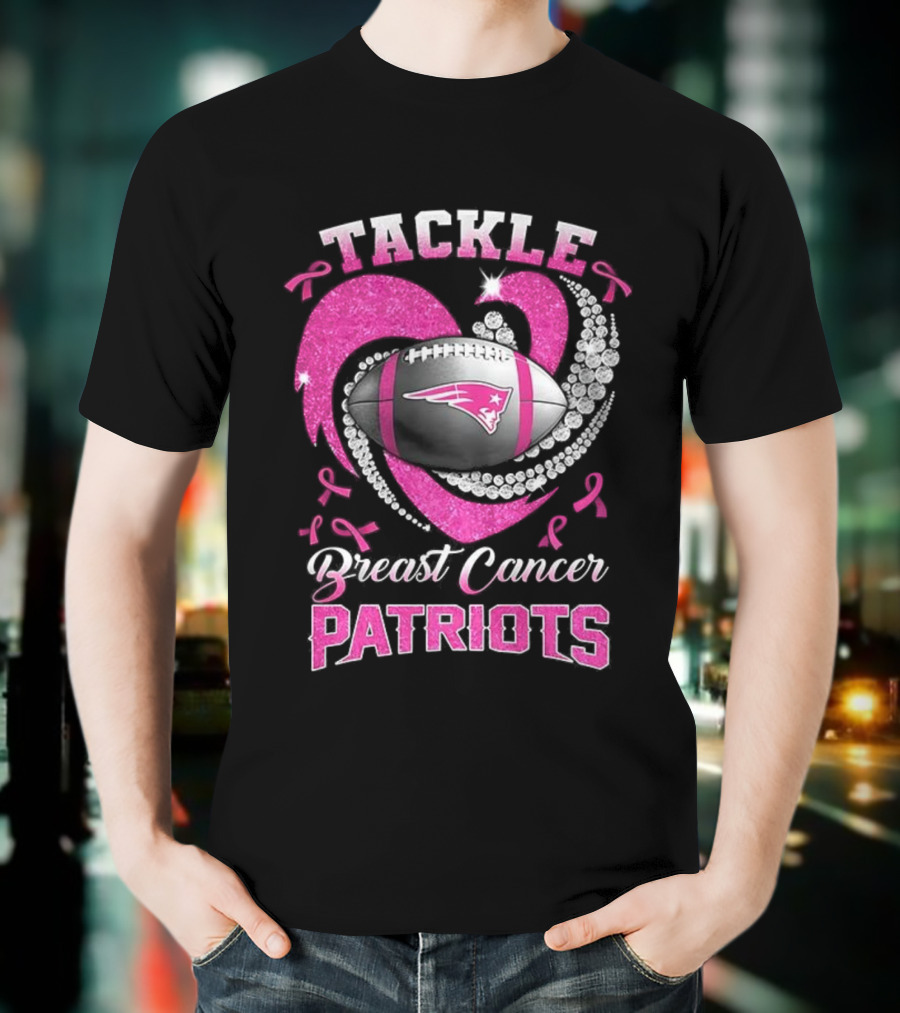 Tackle Breast Cancer New England Patriots Pink Ribbon Heart Football T-Shirt
