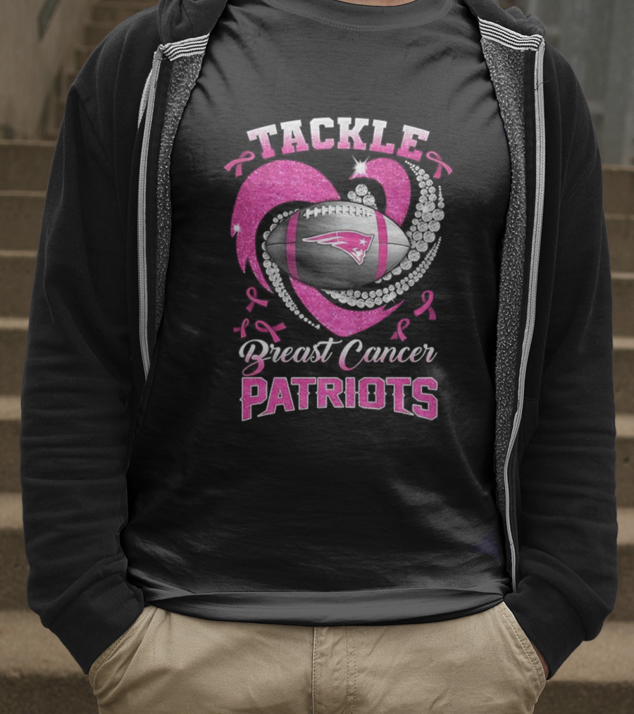 Tackle Breast Cancer New England Patriots Pink Ribbon Heart Football T-Shirt
