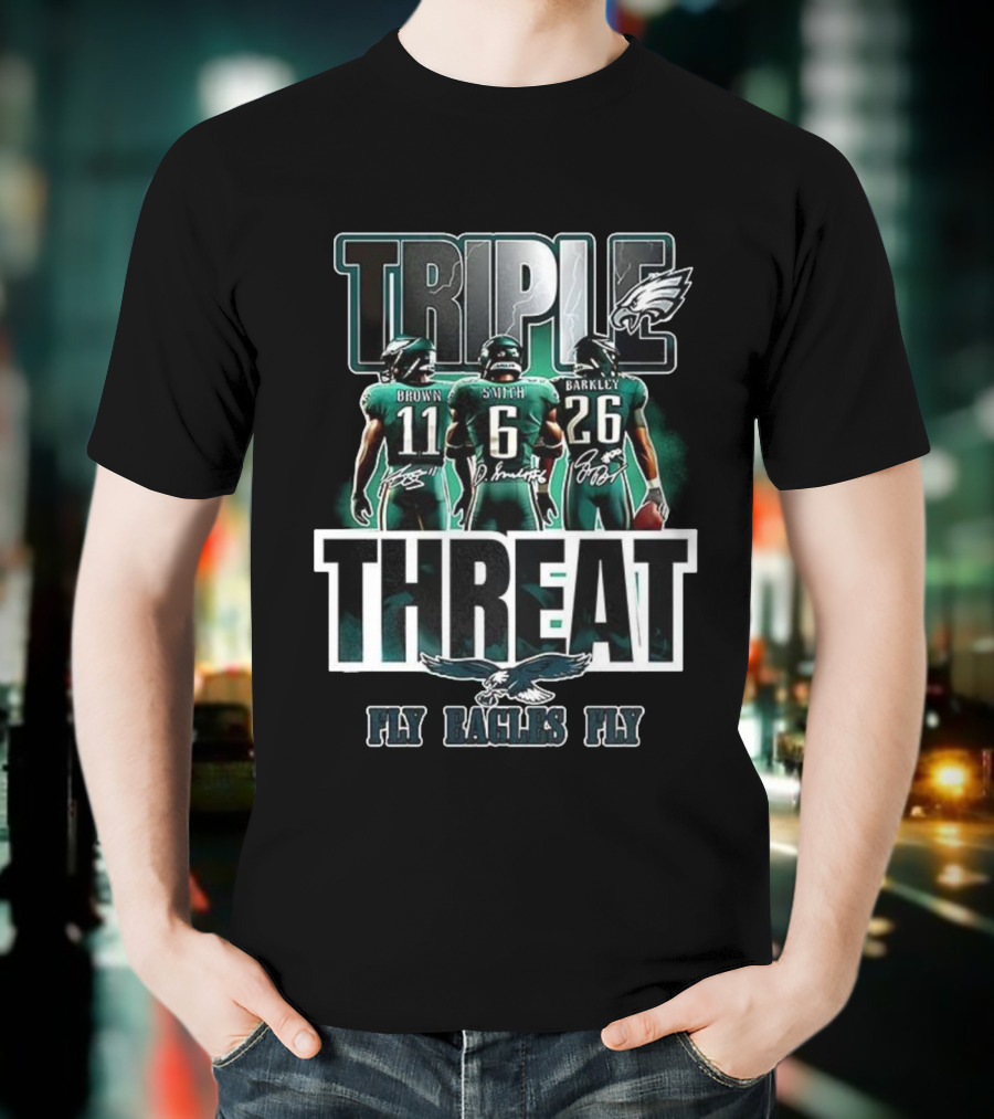 Philadelphia Eagles 2025 Triple Threat Fly Eagles Fly Brown Smith Barkley T-Shirt