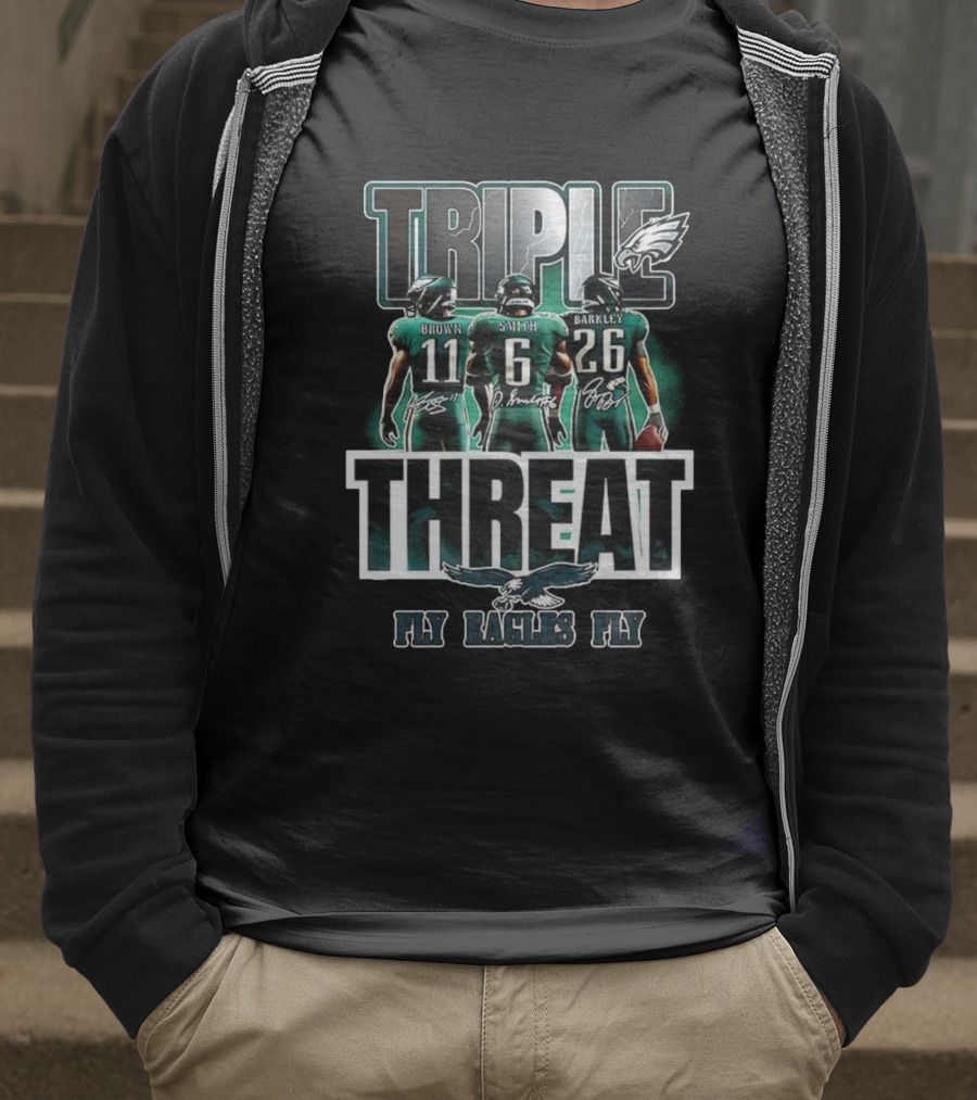 Philadelphia Eagles 2025 Triple Threat Fly Eagles Fly Brown Smith Barkley T-Shirt