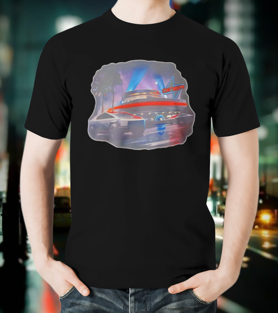 Tesla Cybertruck Hollywood Retro Diner Neon Night Scene T-Shirt