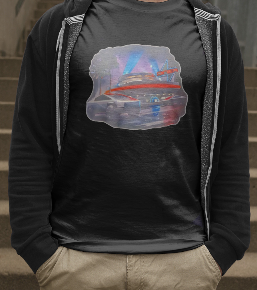 Tesla Cybertruck Hollywood Retro Diner Neon Night Scene T-Shirt