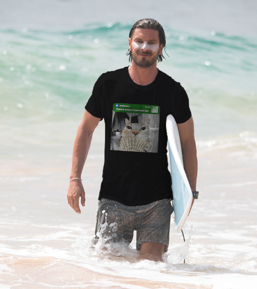 Notification Funny Cat Meme Motion At Your Front Door Money T-Shirt