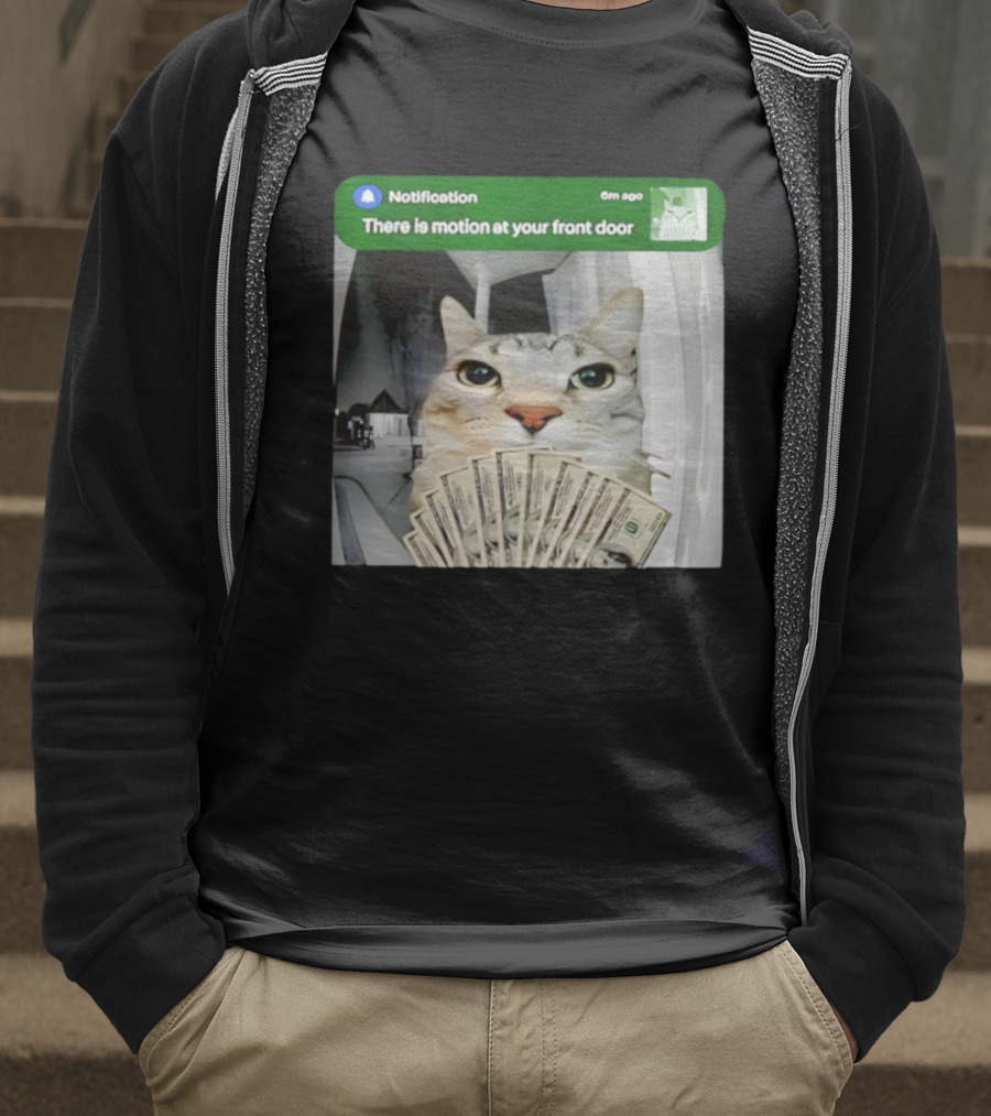 Notification Funny Cat Meme Motion At Your Front Door Money T-Shirt