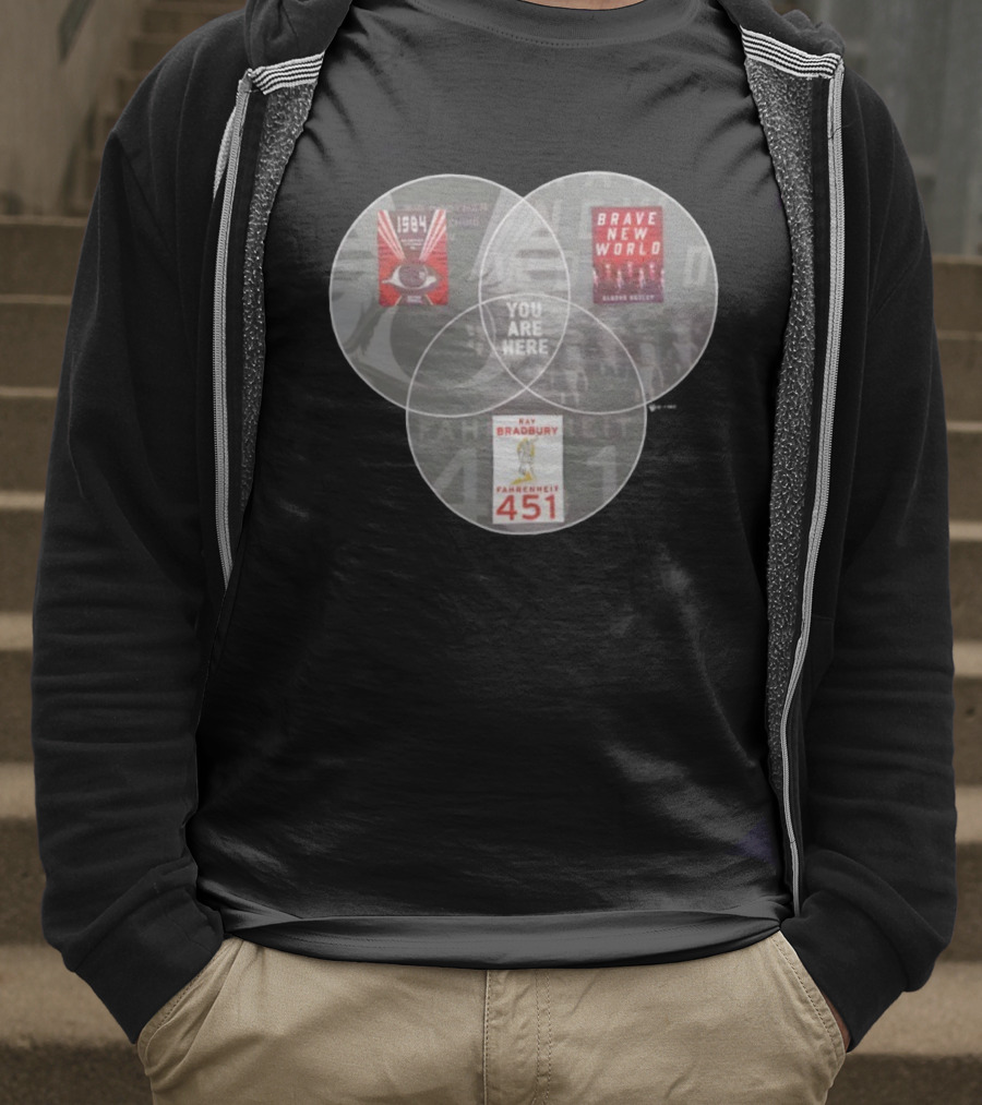 You Are Here 1984 Brave New World Fahrenheit 451 Dystopia Venn Diagram T-Shirt