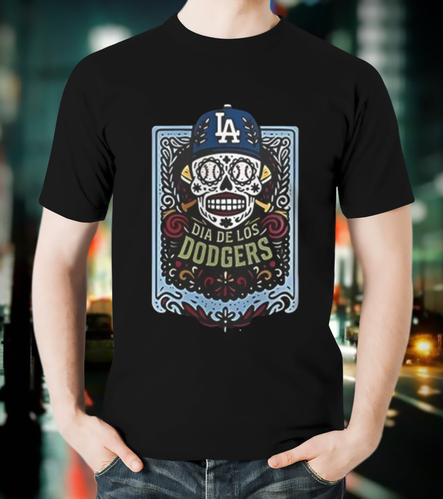Dia De Los Dodgers LA Skull Baseball Icon T-Shirt