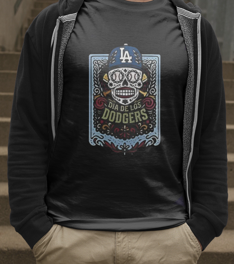 Dia De Los Dodgers LA Skull Baseball Icon T-Shirt