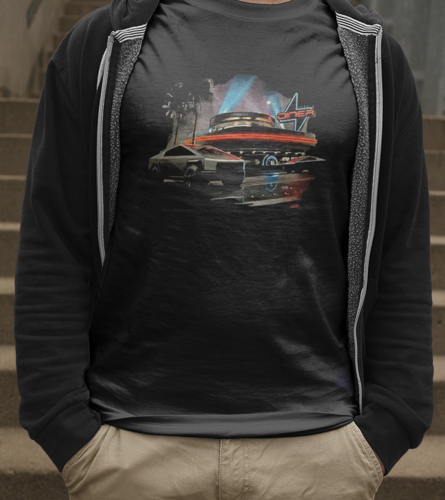 Tesla Cybertruck Diner Route 66 Hollywood Retro Nighttime Scene T-Shirt