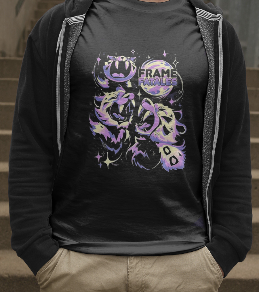 Three Faith Moon Frame Fatales Neon Pastel Feline Faces T-Shirt