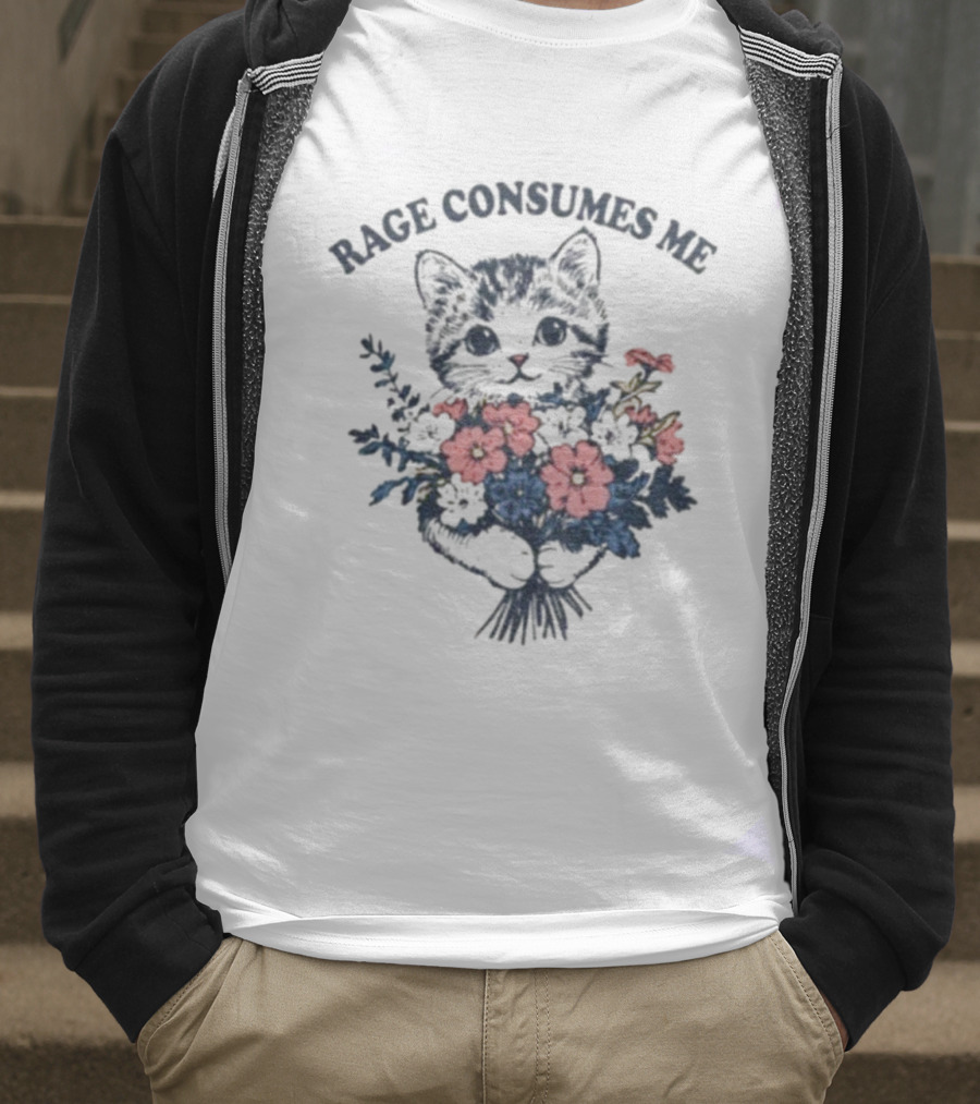 Rage Consumes Me Cat Holding Flower Vintage T-Shirt