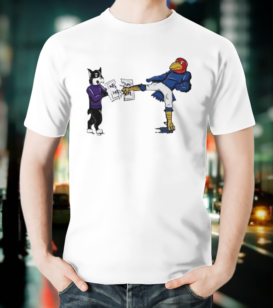 Kansas Jayhawk Mascot Kicking Wildcat We Own State T-Shirt