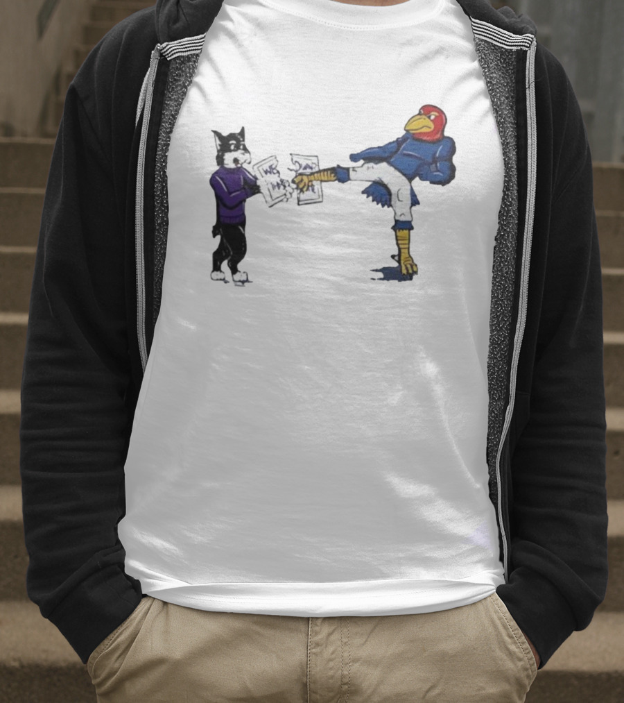 Kansas Jayhawk Mascot Kicking Wildcat We Own State T-Shirt