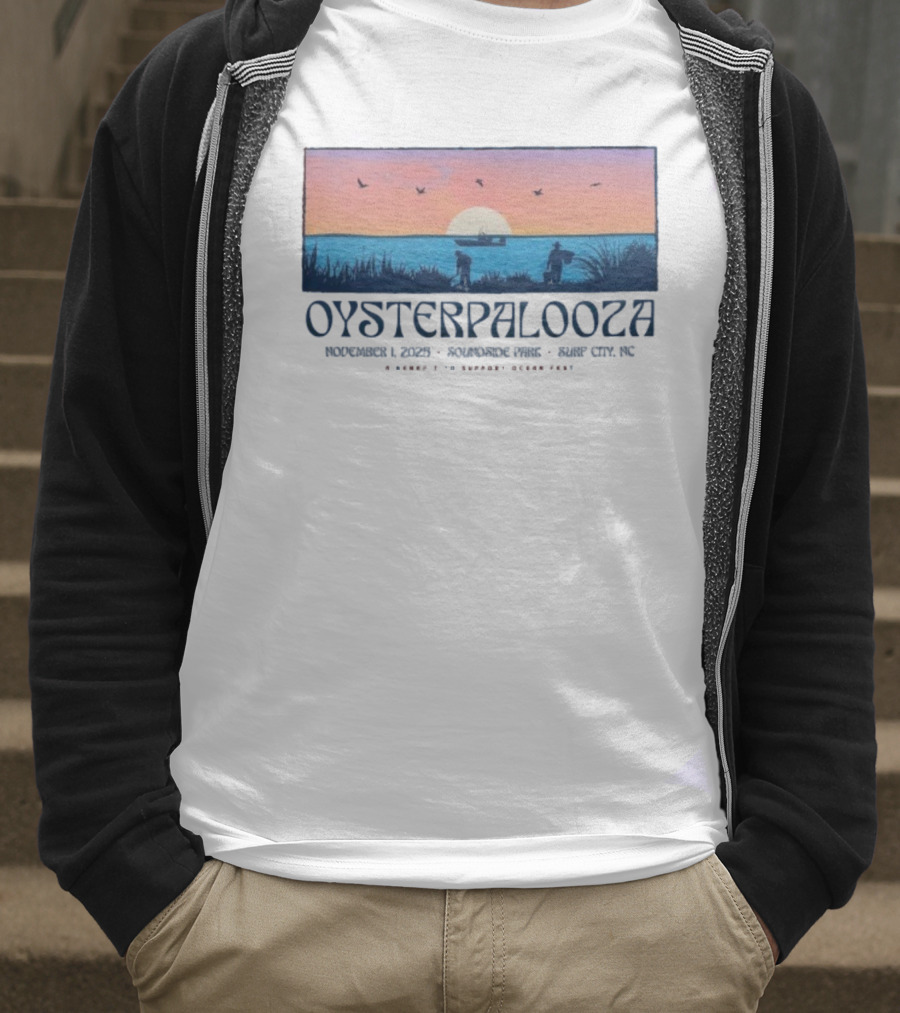 Oysterpalooza Benefit Support Ocean Fest November 1 2025 Soundside Park Surf City NC Sunset Beach Scene T-Shirt