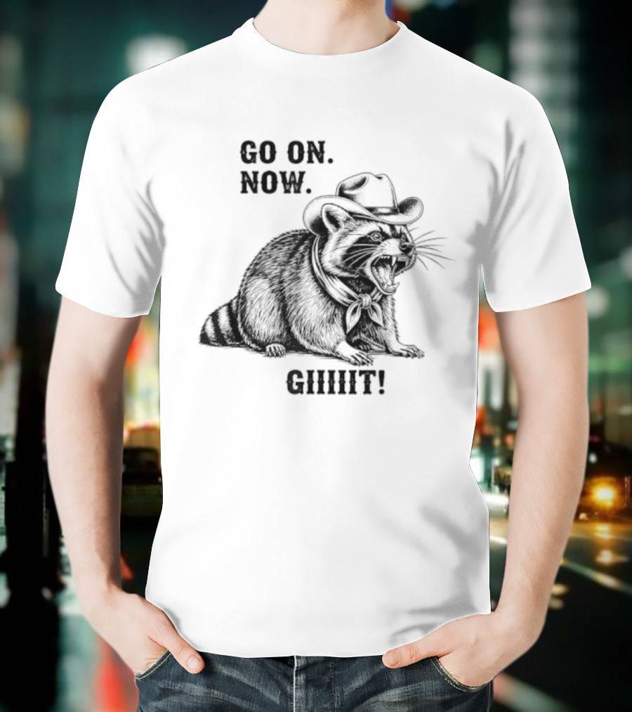 Vintage Cowboy Raccoon Go On Now Git Rustic Western Apparel T-Shirt