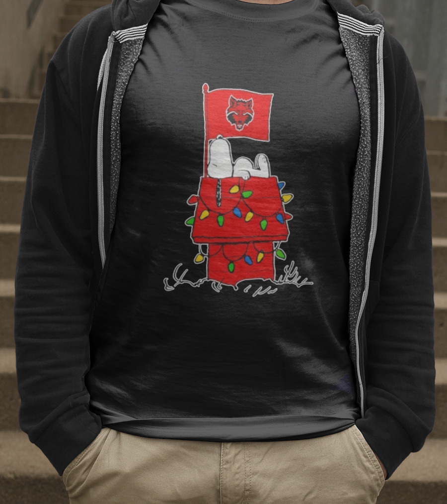 Arkansas State Red Wolves Snoopy Holiday Lights House Peanuts T-Shirt