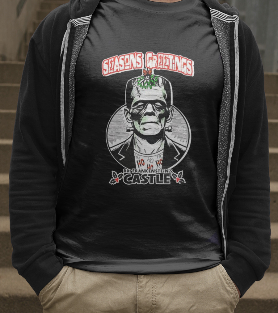 Seasons Greetings Dr. Frankenstein's Castle Christmas T-Shirt