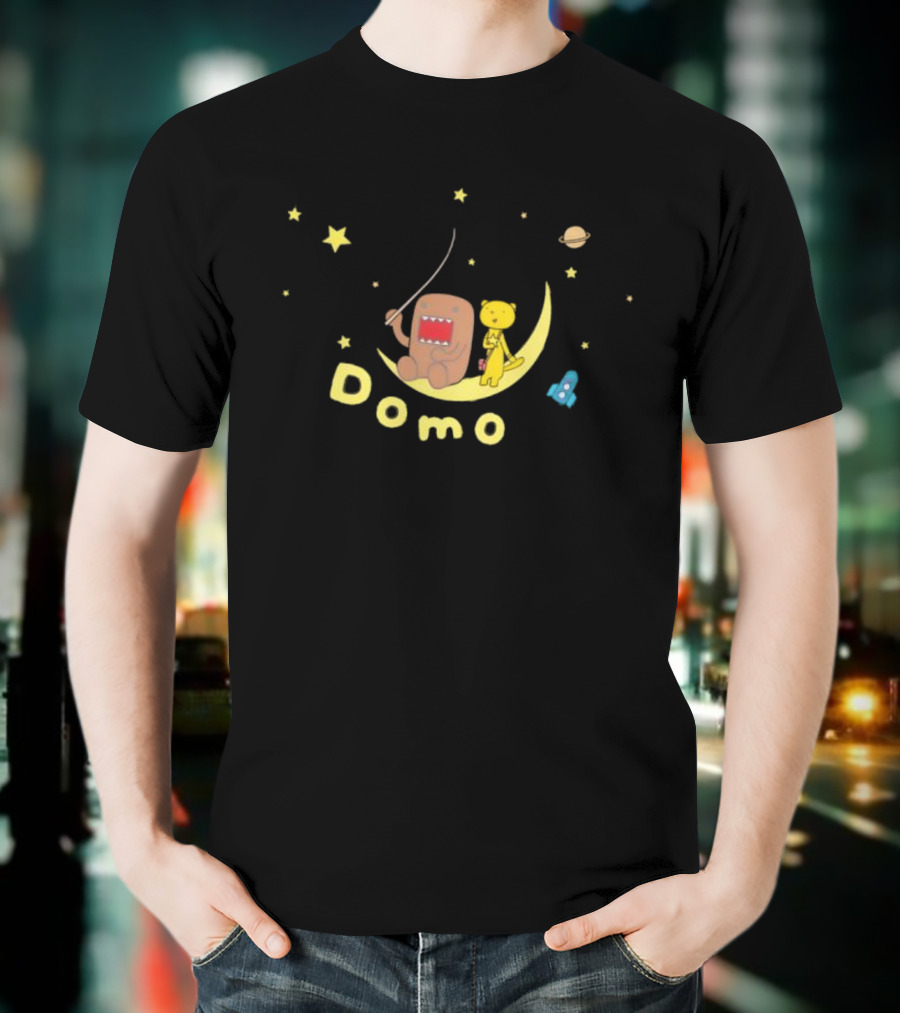 Domo Moon Fishing With Cartoon Characters Under Stars T-Shirt