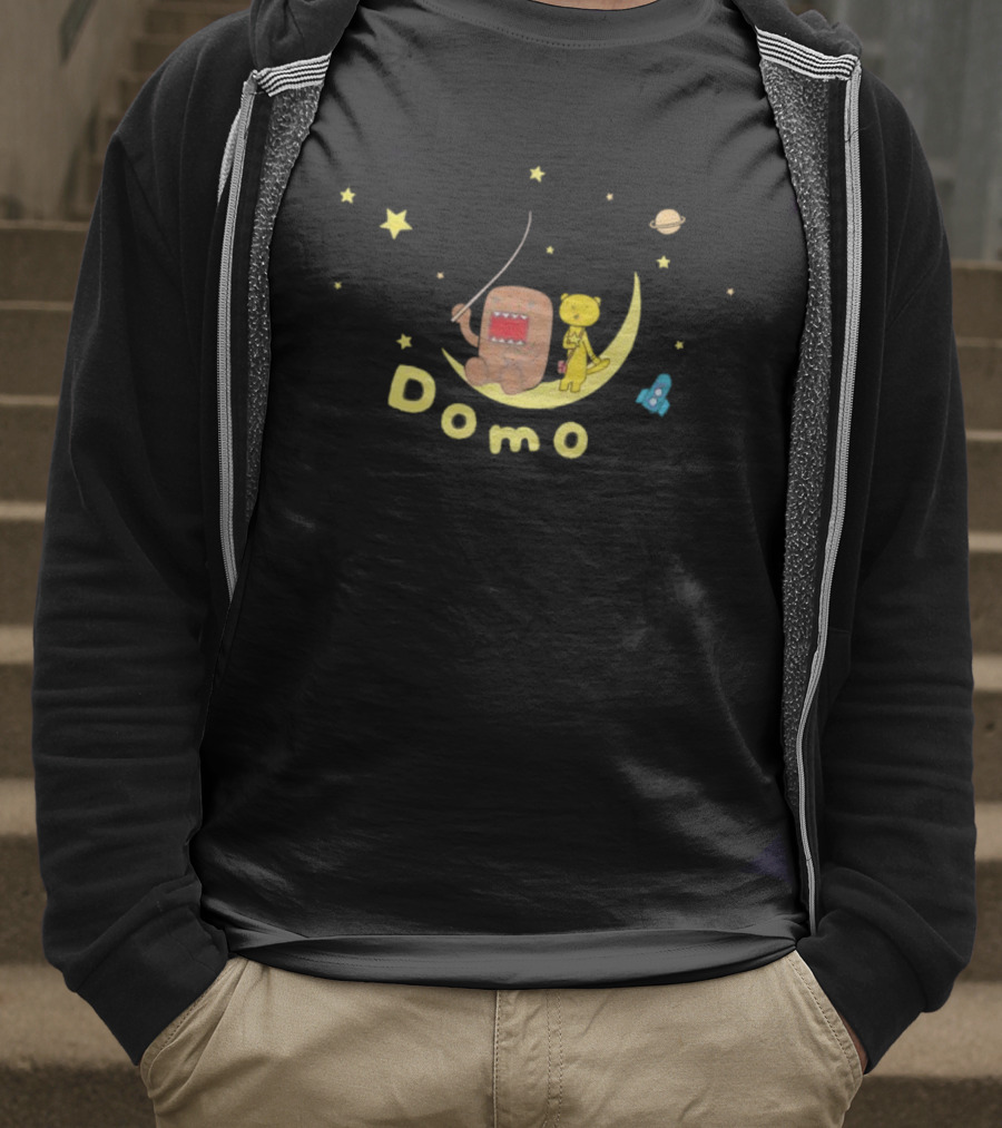 Domo Moon Fishing With Cartoon Characters Under Stars T-Shirt
