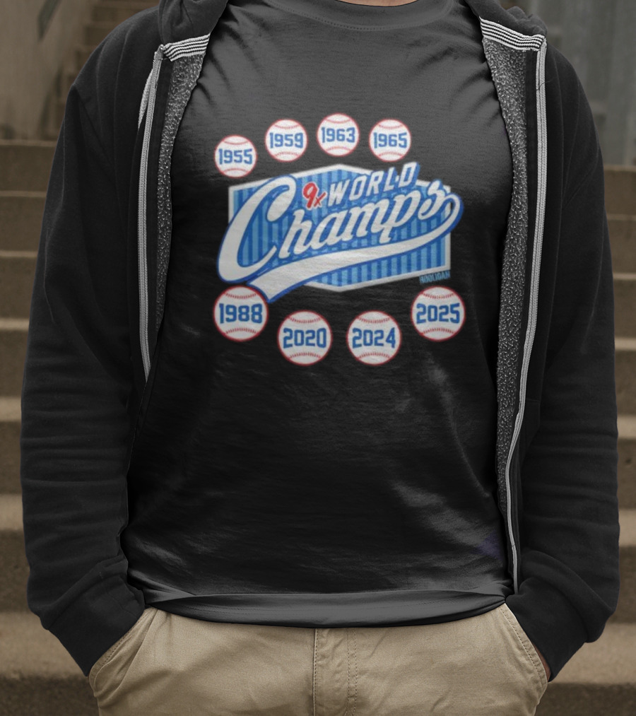 Los Angeles Dodgers 9x World Champs 1955 1959 1963 1965 1988 2020 2024 2025 T-Shirt