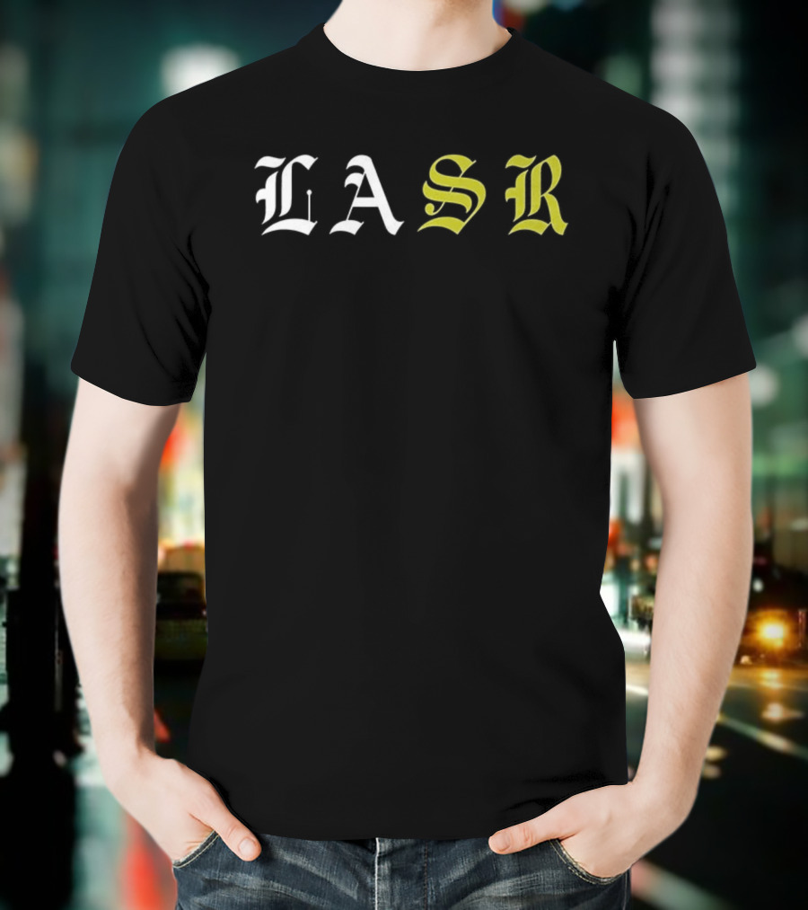 LASR Old English Style Letters Los Angeles Sports Report T-Shirt