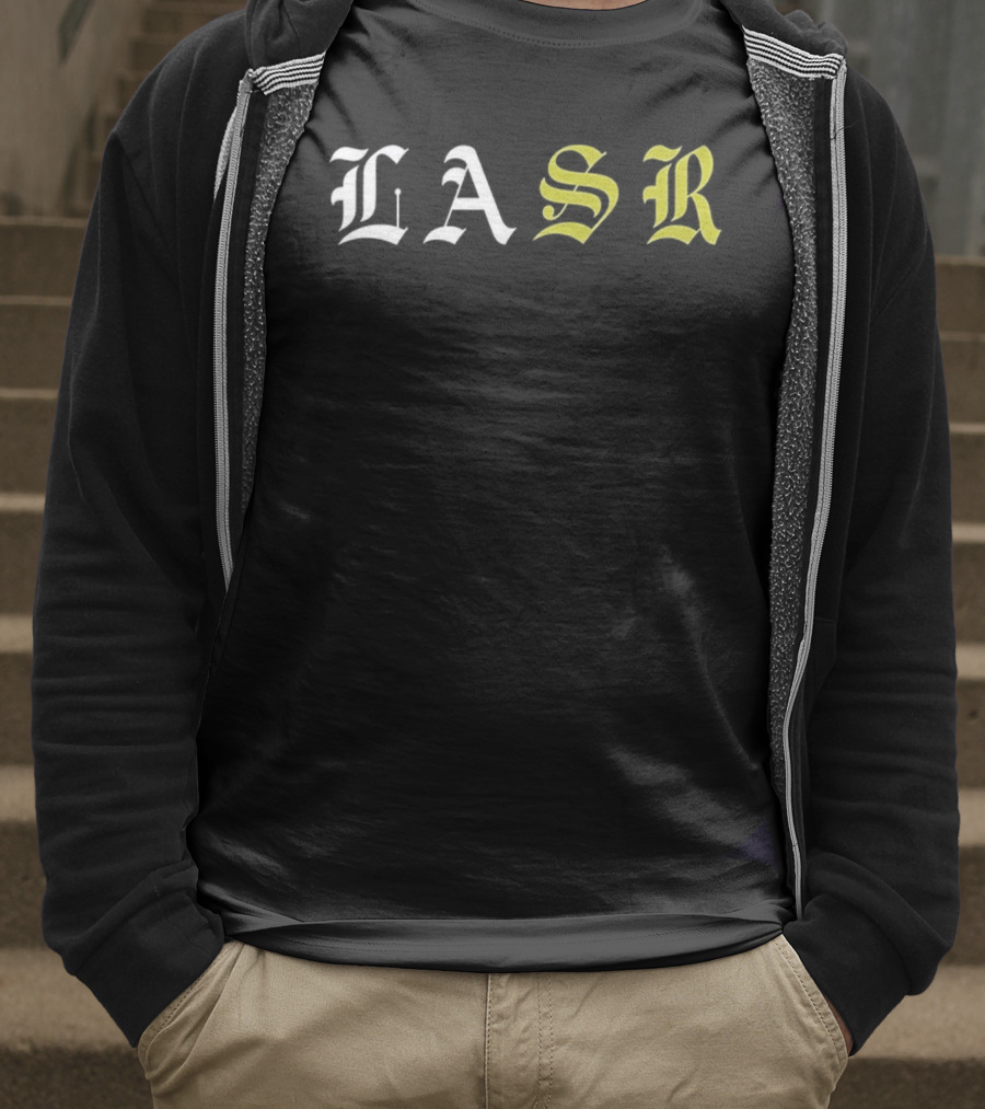 LASR Old English Style Letters Los Angeles Sports Report T-Shirt