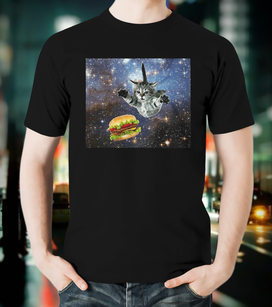 Silly Cats Hamburger Space Adventure With Stars And Galaxy T-Shirt