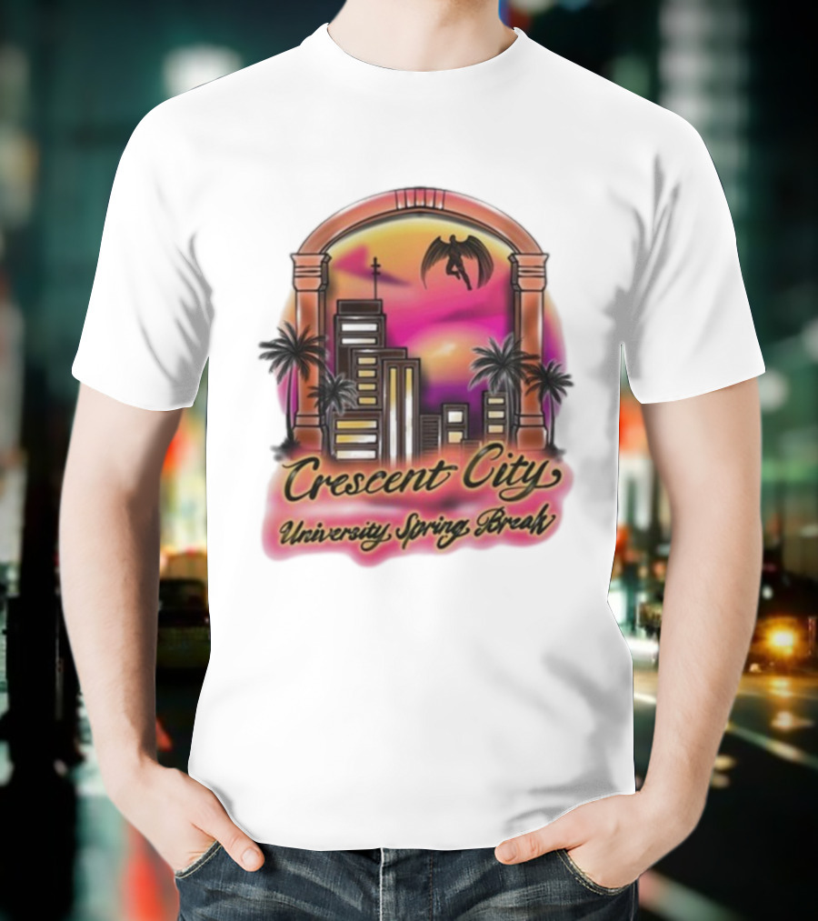 Crescent City University Spring Break Airbrush Tropical Sunset Skyscraper Archway Angel Wings T-Shirt