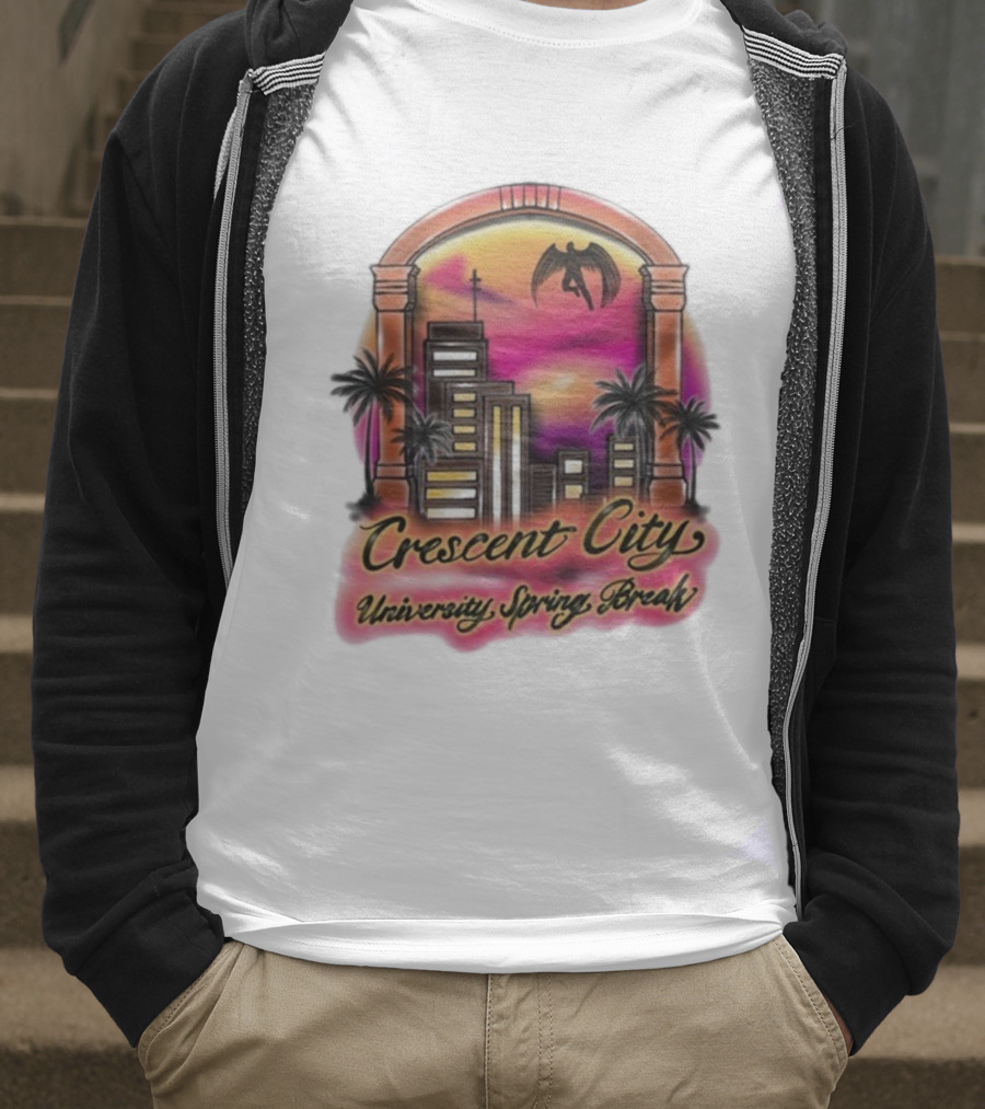 Crescent City University Spring Break Airbrush Tropical Sunset Skyscraper Archway Angel Wings T-Shirt