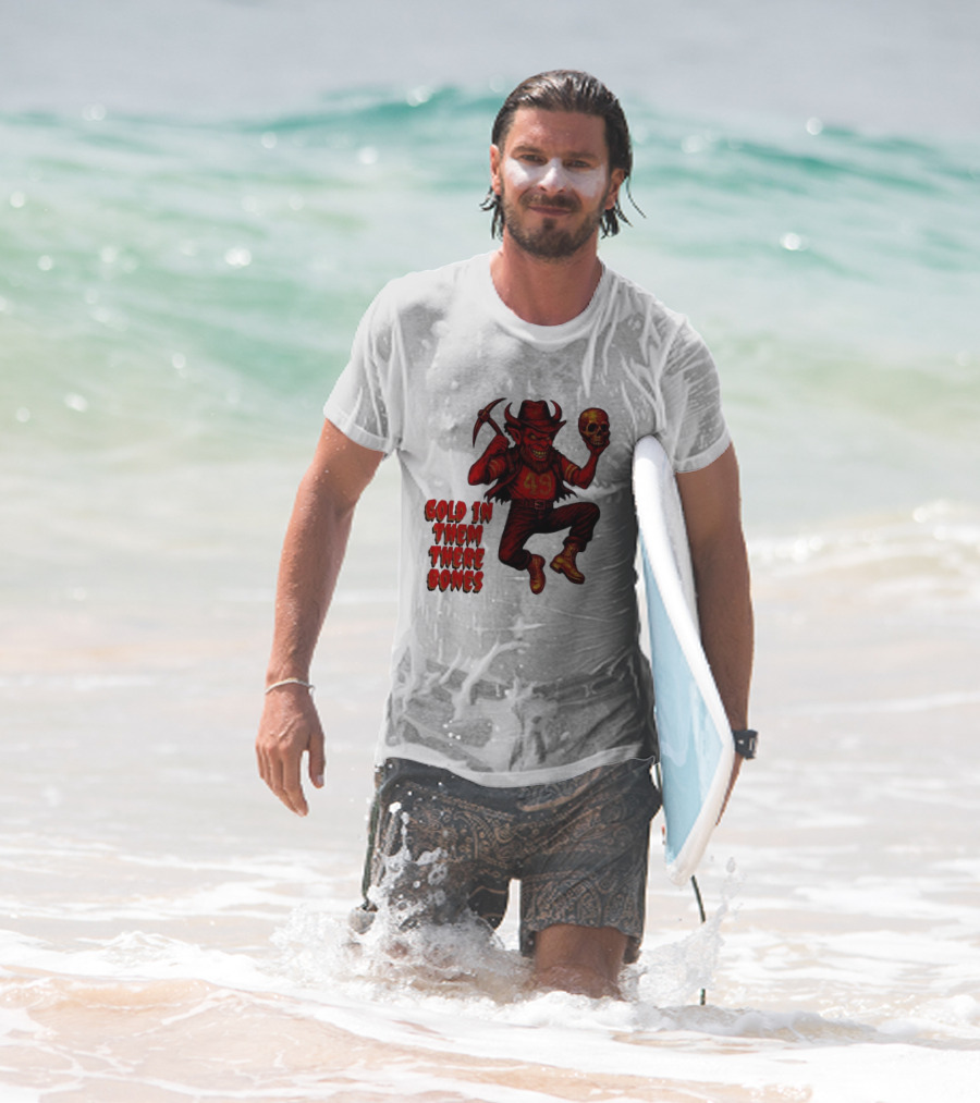 San Francisco 49er Devil Holding Skull Gold In Them There Bones T-Shirt