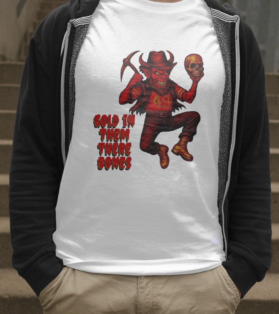 San Francisco 49er Devil Holding Skull Gold In Them There Bones T-Shirt