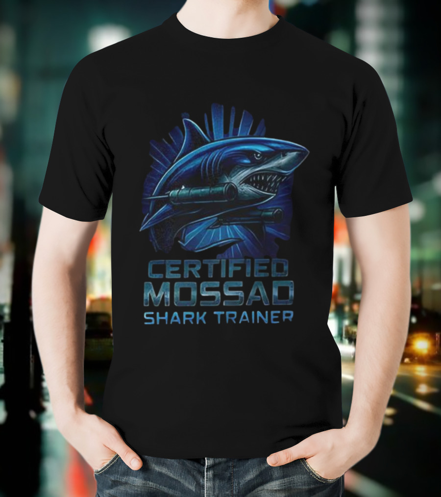 Certified Mossad Shark Trainer Fierce Navy Blue Shark With Snorkel T-Shirt