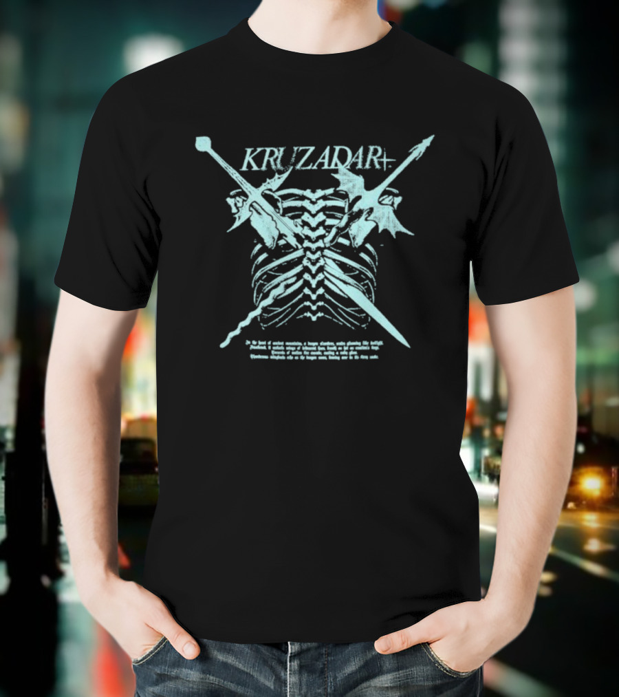 Kruzadar Dragonbone Crossed Swords And Dragon Wings Motif T-Shirt