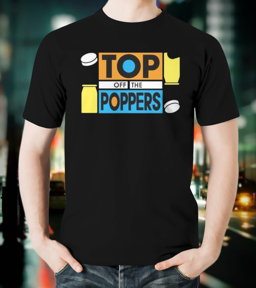 TOP OFF THE POPPERS Yellow And Blue Theme With White Pieces T-Shirt