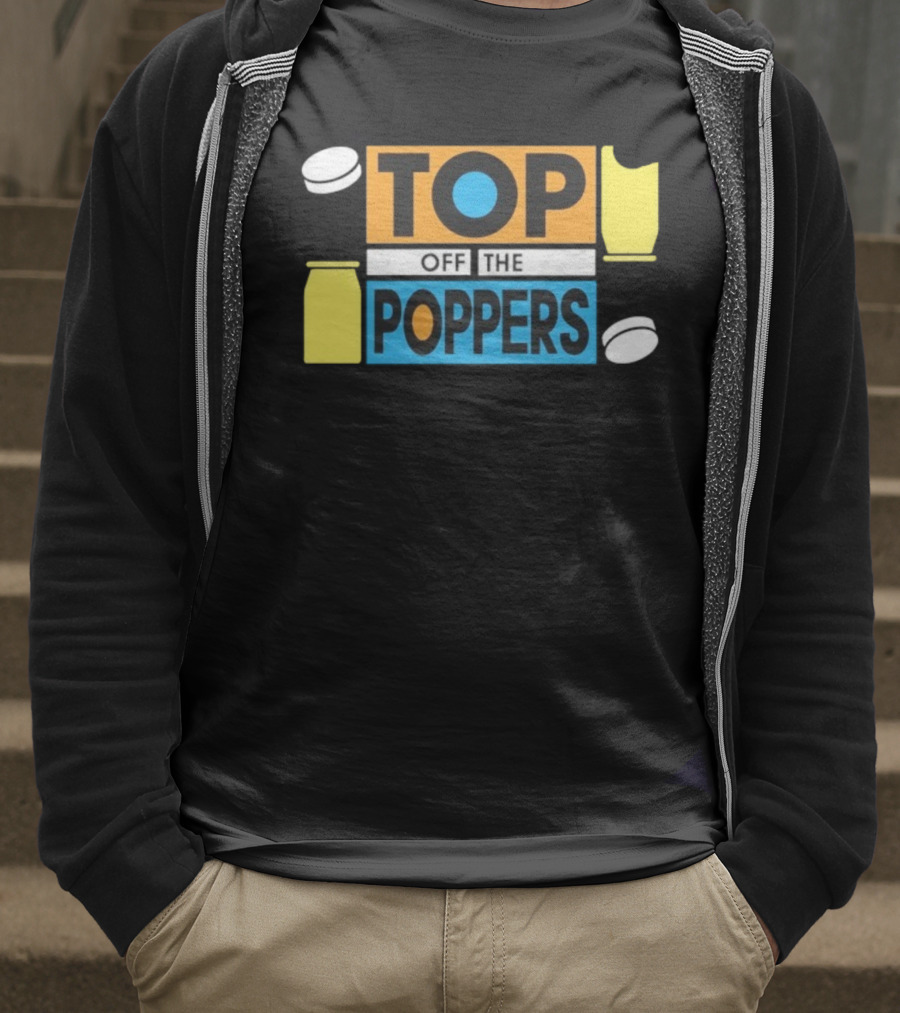 TOP OFF THE POPPERS Yellow And Blue Theme With White Pieces T-Shirt