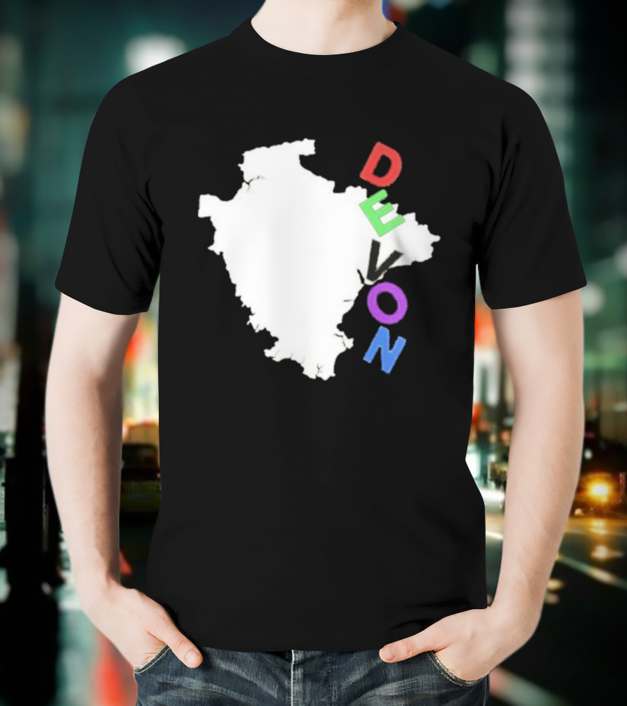 We Are Devon Island Map Outline With Colorful Vertical Text T-Shirt