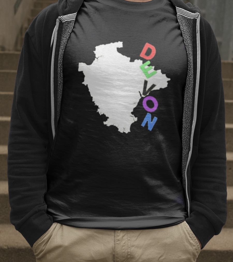 We Are Devon Island Map Outline With Colorful Vertical Text T-Shirt