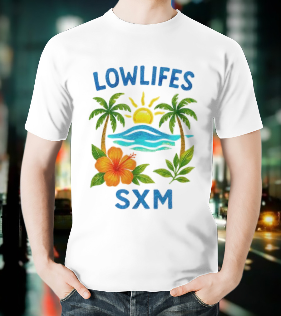 Lowlifes SXM Tropical Sunset 2025 Palms Hibiscus Ocean Sun T-Shirt