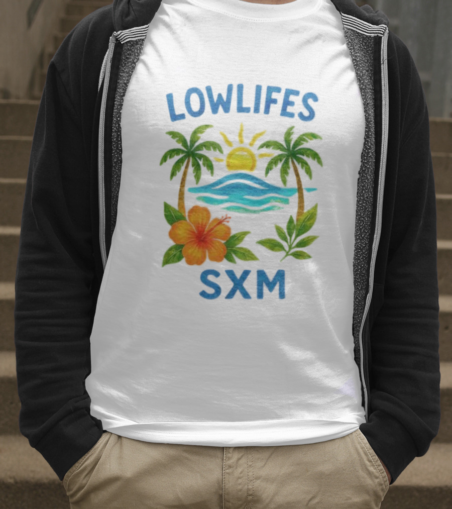 Lowlifes SXM Tropical Sunset 2025 Palms Hibiscus Ocean Sun T-Shirt