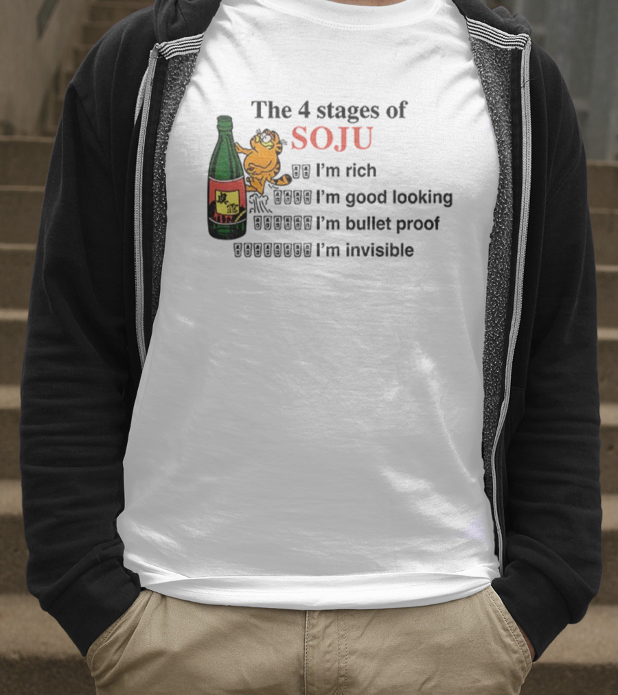 Orange Cat The 4 Stages Of Soju I'm Rich Good Looking Bullet Proof Invisible T-Shirt