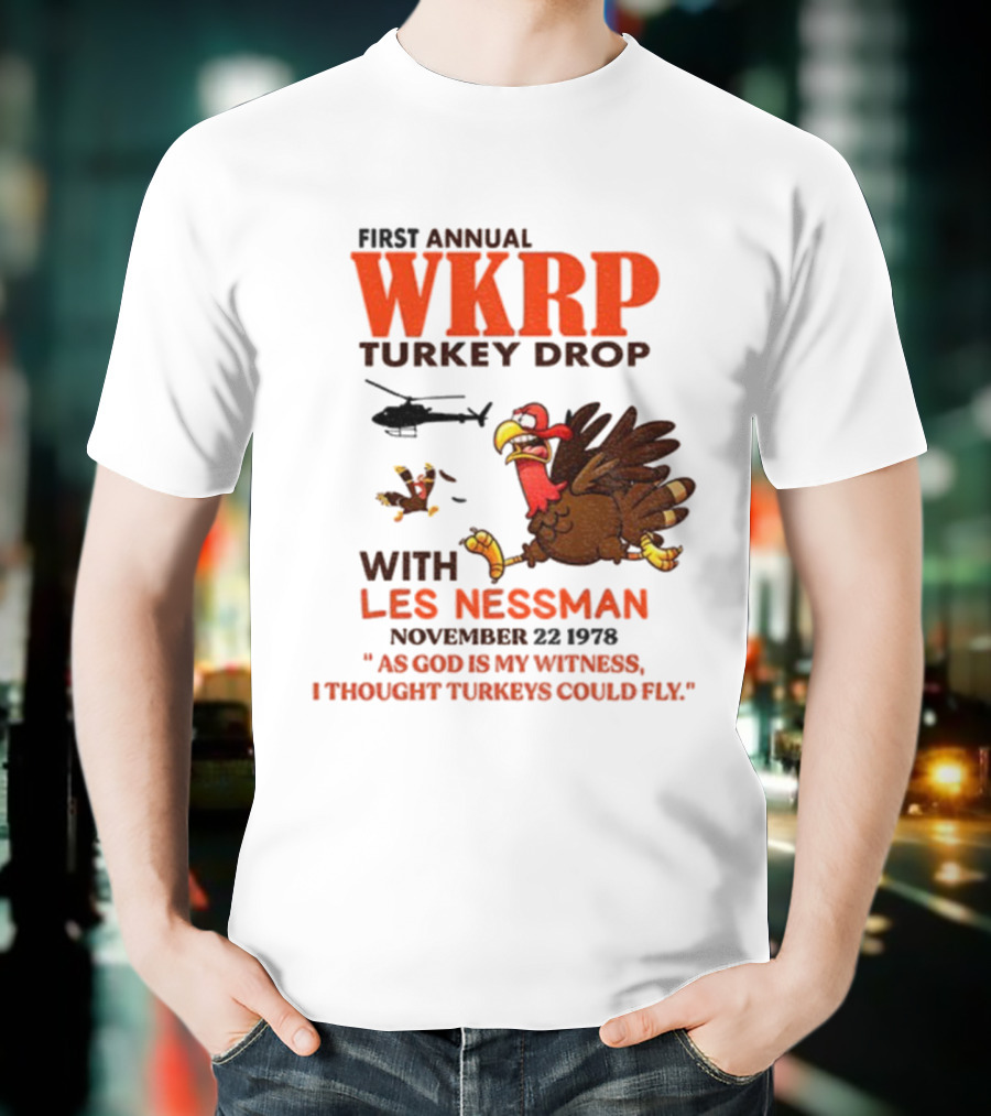 Vintage WKRP Turkey Drop First Annual With Les Nessman As God Is My Witness November T-Shirt