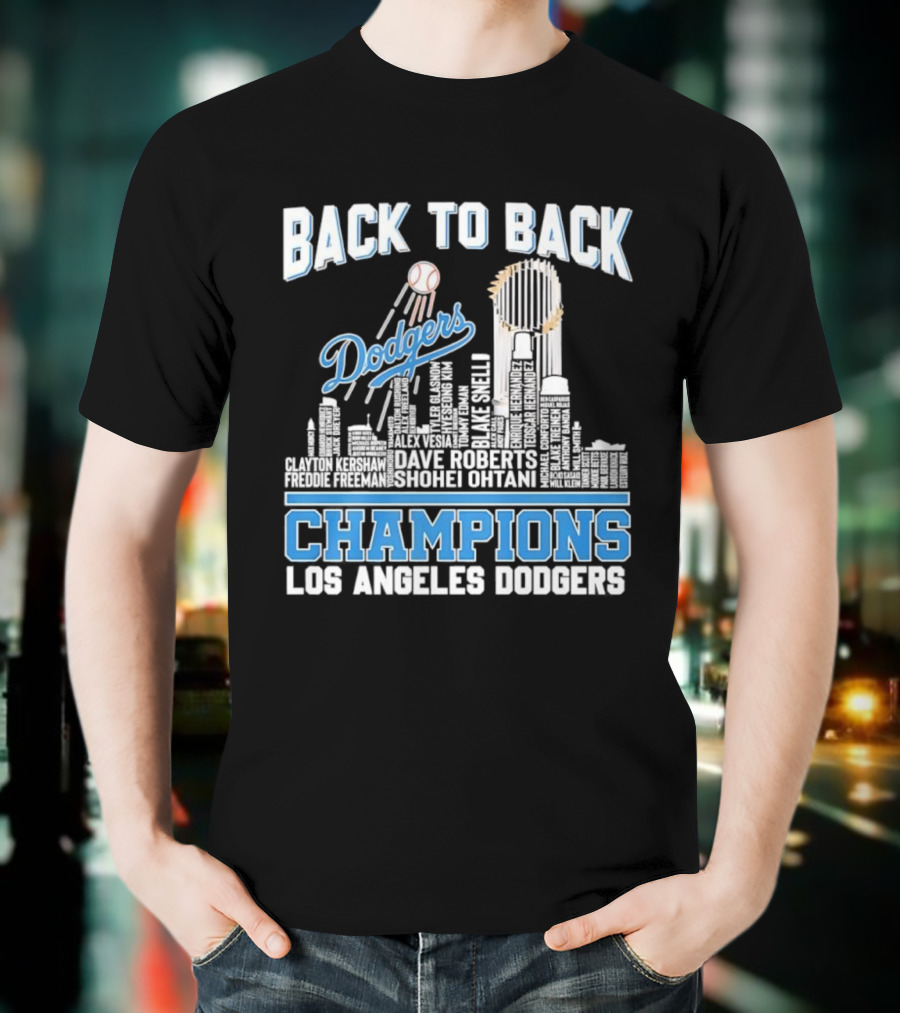 Back To Back Champions Dodgers Trophy Los Angeles Skyline T-Shirt
