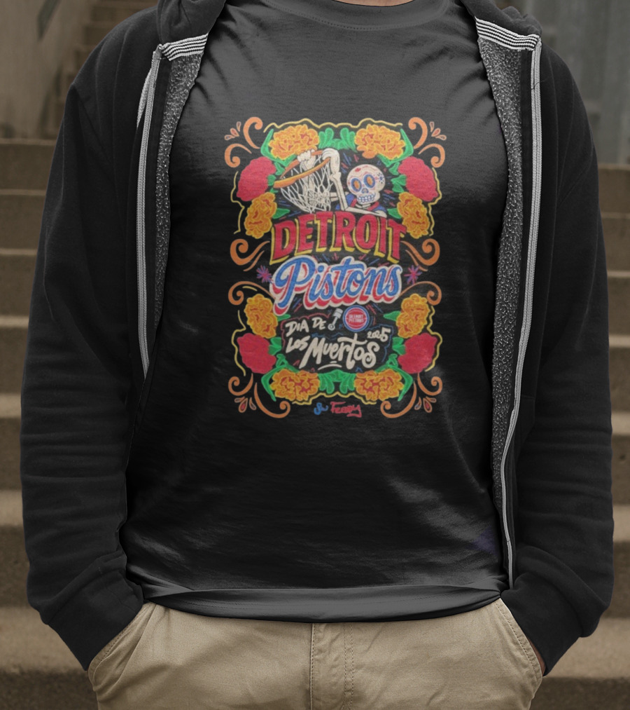 Detroit Pistons Día De Los Muertos 2025 SW Freddy Basketball Floral Skull T-Shirt
