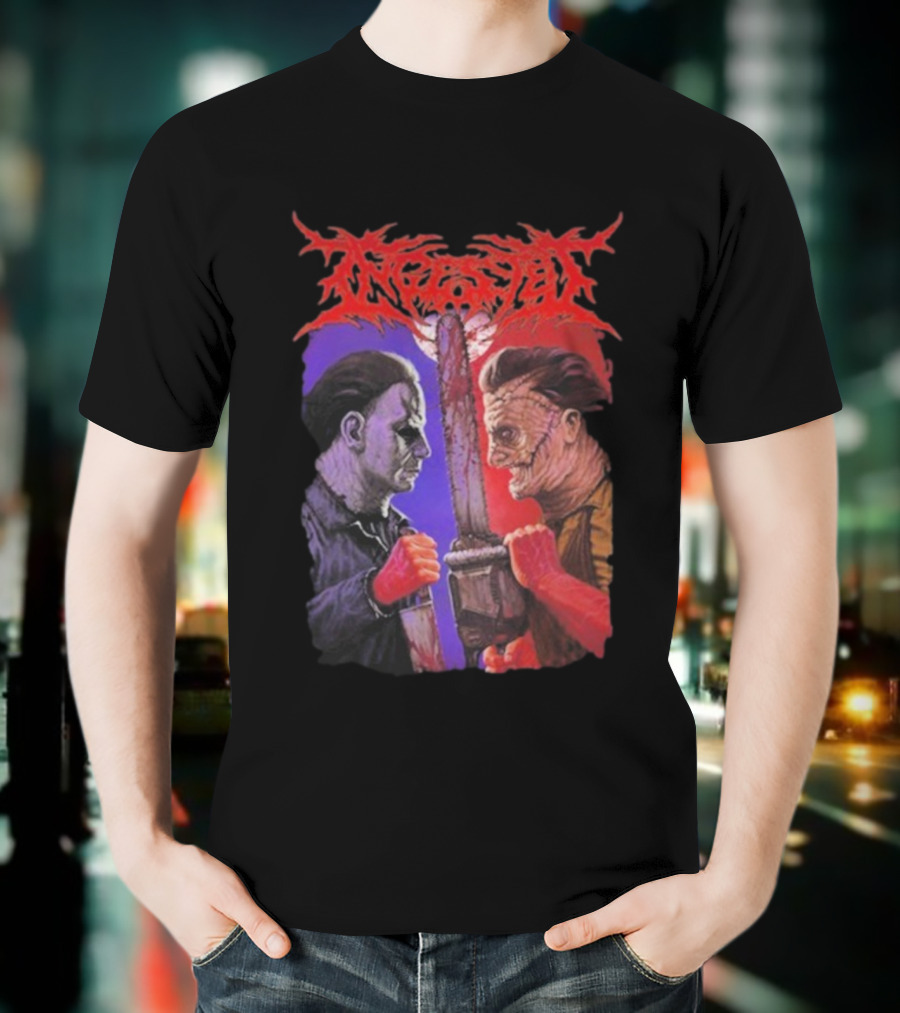 Michael Myers Freddy Krueger Ingested Chainsaw Showdown Graphic T-Shirt