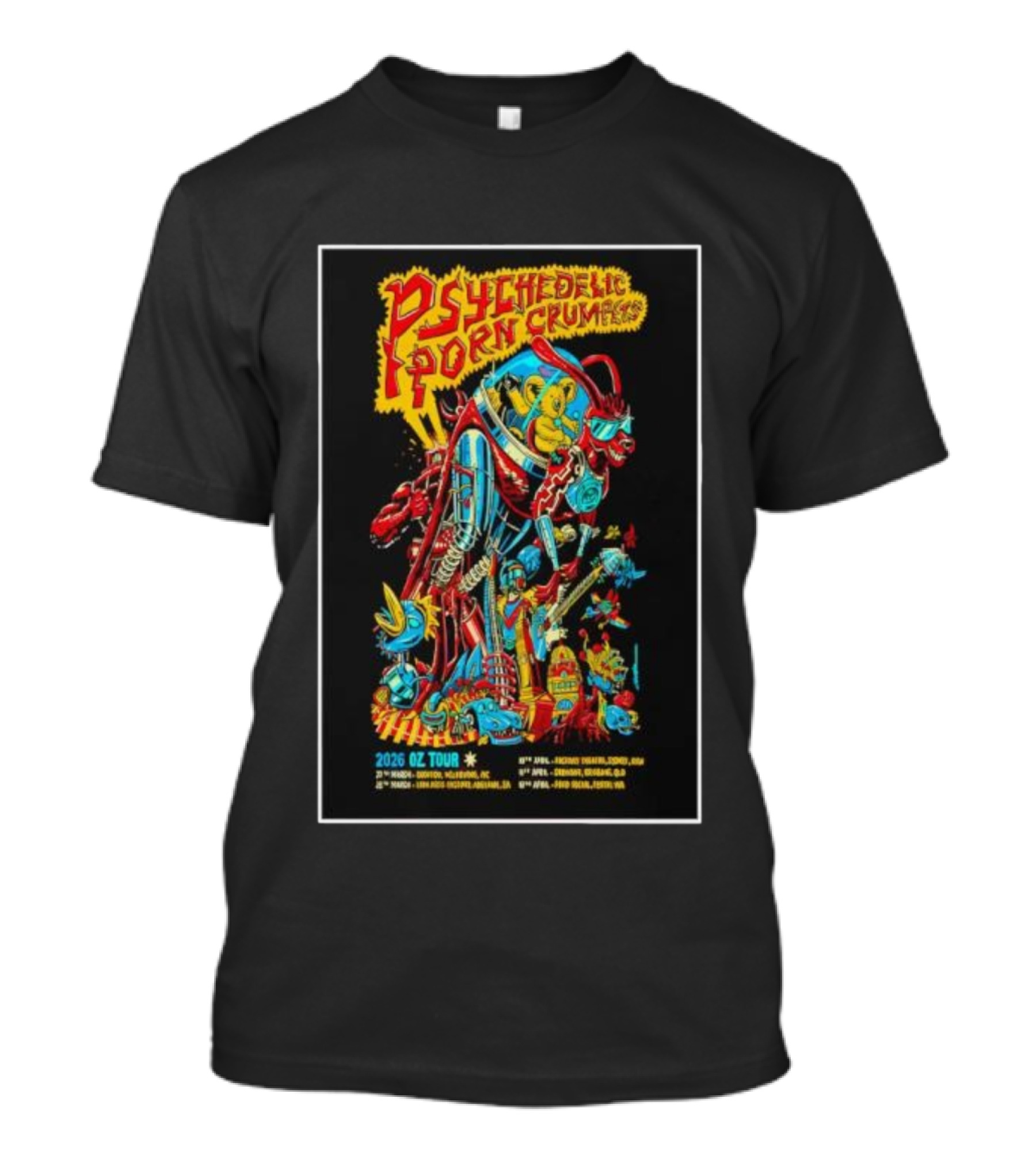 Psychedelic Porn Crumpets 2026 OZ Tour Robot Character Australia Dates T-Shirt