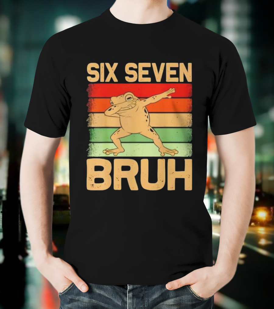 Six Seven Bruh Dab Frog Retro Stripes T-Shirt