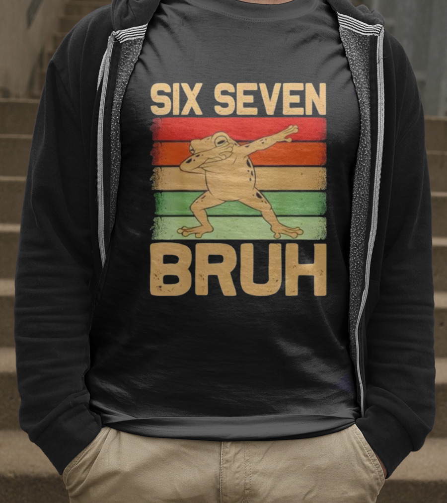 Six Seven Bruh Dab Frog Retro Stripes T-Shirt